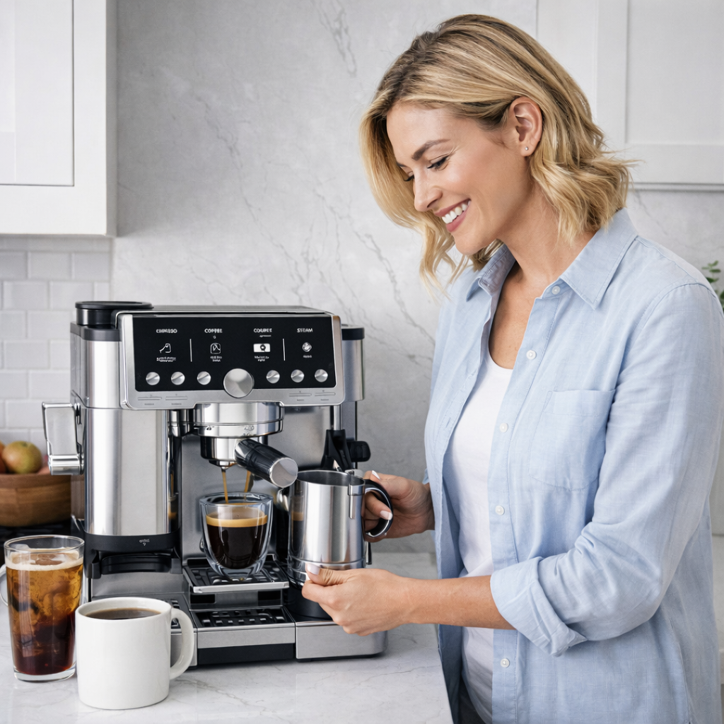 4-in-1 Espresso & Coffee Machine with Grinder, Tamper & Hands-Free Frother