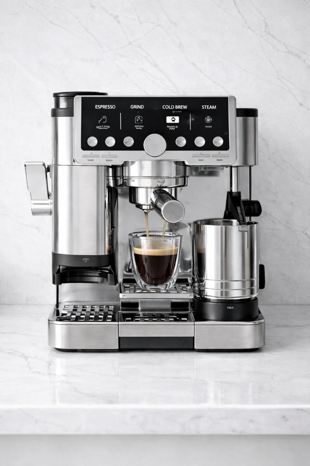 4-in-1 Espresso & Coffee Machine with Grinder, Tamper & Hands-Free Frother
