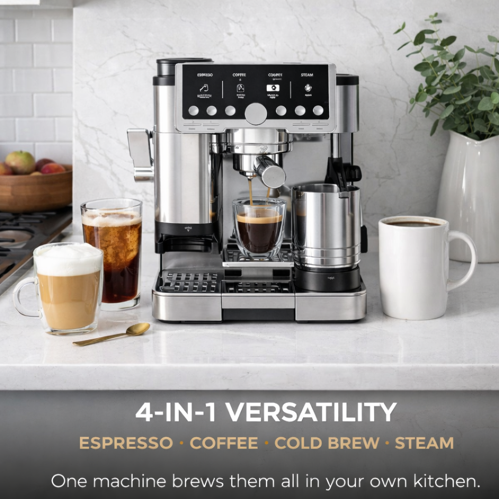 4-in-1 Espresso & Coffee Machine with Grinder, Tamper & Hands-Free Frother