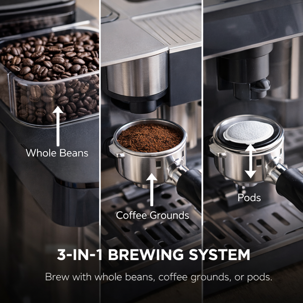 3-in-1 Espresso & Drip Coffee Machine with Grinder & Frother